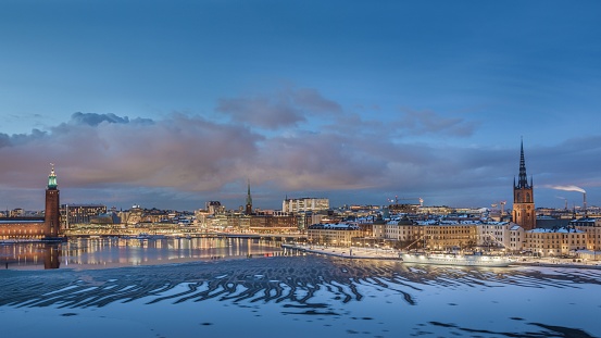 The Swedish capital Stockholm during blue hour a cold winter evening