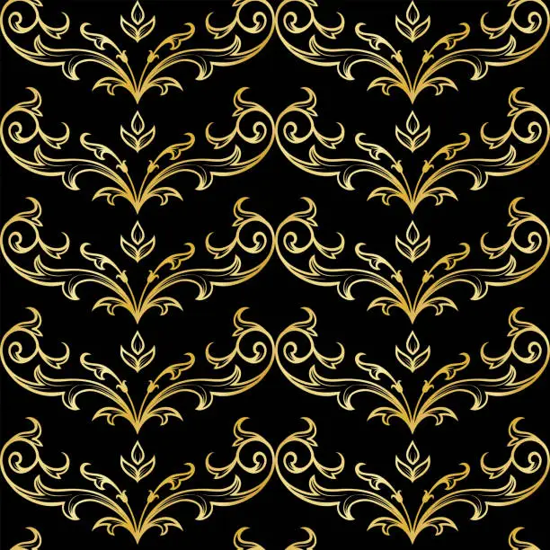 Vector illustration of Abstract geometric floral seamless pattern. Gold and black ornament. Modern stylish texture repeating.