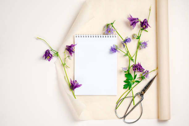 istock Aquilegia flowers, notebook blank mockup, top view, copy space. 1500663745
