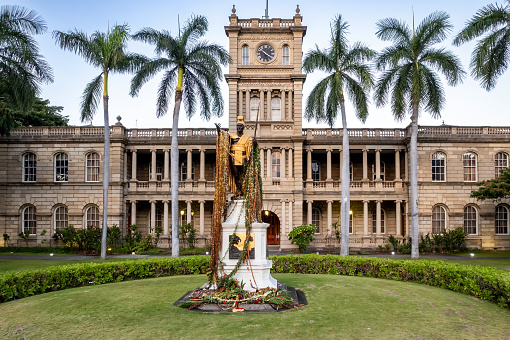 King Kamehameha statue in Downtown Honolulu, Hawaii, adorned with  leis