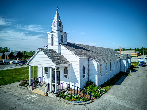 Aerial View of White Church in a Small Town