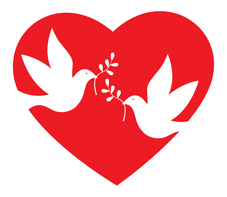 Vector illustration of two white peace doves on a red heart.