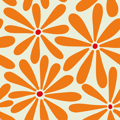 1970 Daisy Flowers Seamless Pattern in Orange-Red palette. Hand-Drawn Doodle Vector Illustration. Groovy Background, Wallpaper, T-shirt. Hippie Aesthetic. Cute Boho background design for kids.