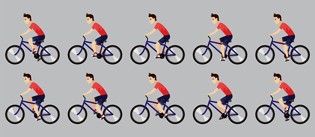 Cycling or riding animation icon set. Sprite sheet of cycling. Animation for game or cartoon. Young man on bike. Vector illustration.