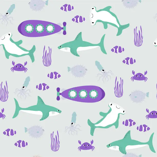Vector illustration of Vector seamless pattern with shark,submarine,crab,squid,hammerhead fish,fugu,.Underwater cartoon creatures.Marine background.Cute ocean pattern for fabric, childrens clothing,textiles,wrapping paper