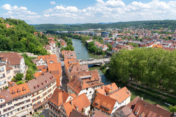 Panoramic view of Marbach (Neckar) with landmarks and churches in spring, Baden-Wurttemberg, Germany.