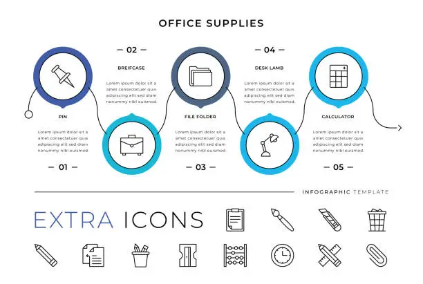 Vector illustration of Office Supplies Line Icons and Infographic Template