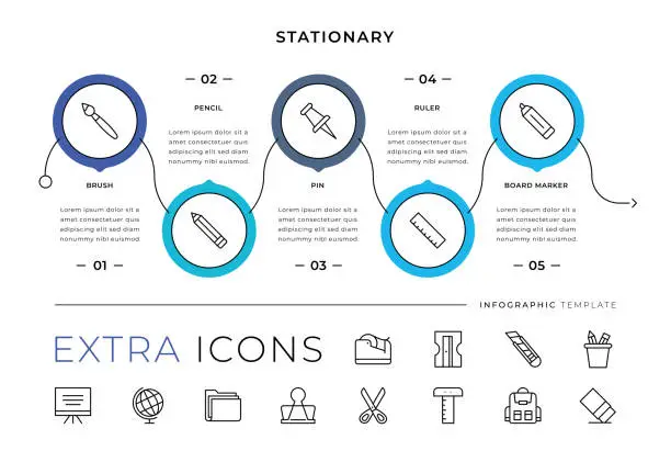Vector illustration of Stationery Line Icons and Infographic Template