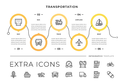 Vector Infographic Template of Transportation with additional line icons below.