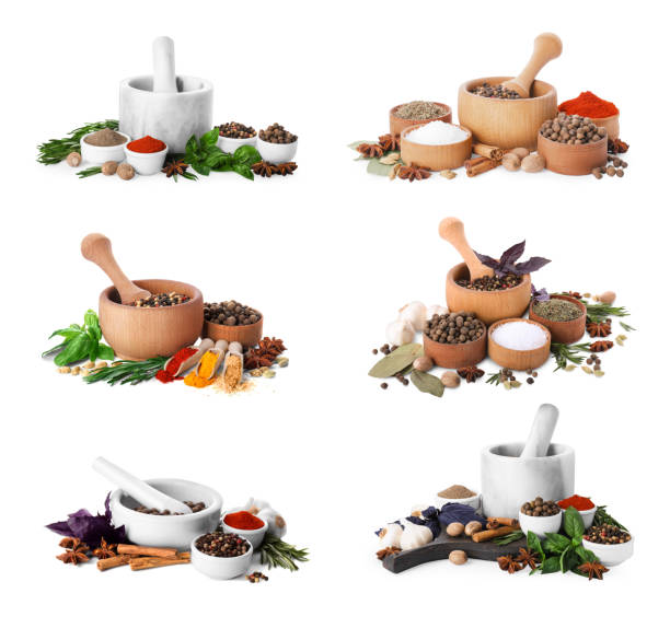 mortars with spices and herbs on white background, collage design - cardamom cinnamon mortar and pestle herb imagens e fotografias de stock