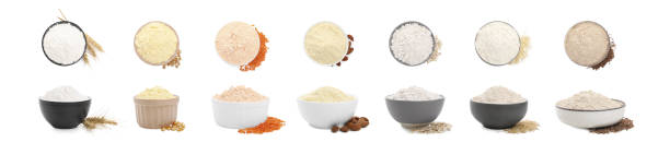 Different types of flour in bowls on white background, top and side views. Collage design Different types of flour in bowls on white background, top and side views. Collage design oat wheat oatmeal cereal plant stock pictures, royalty-free photos & images