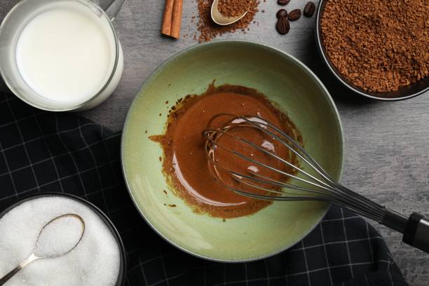 istock Whipping cream for dalgona coffee at gray table, top flat lay 1500681000