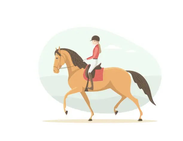 Vector illustration of Girl riding a red horse on a walk in the park