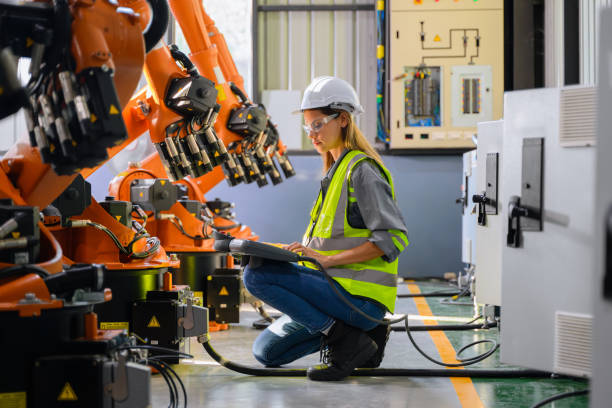 Female engineer worker working with robotic machine automation Female engineer worker working with robotic machine automation at factory, Female technician with smart technology at industry, Female worker checking and controlling parts of robotic machine repairperson occupation stock pictures, royalty-free photos & images