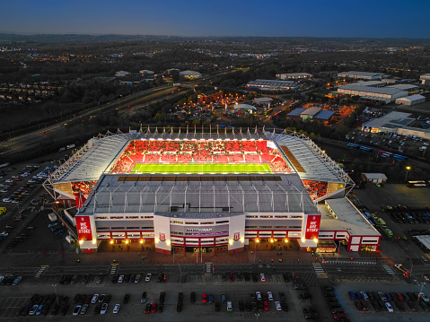 Stoke City Football Club, Bet 365 Stadium Aerial Image taken at Dusk. Also known as the Britannia Stadium.