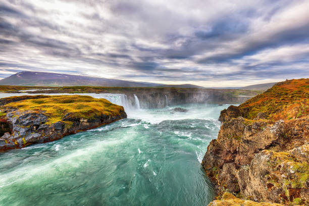 istock Breathtaking sunset scene of powerful Godafoss waterfall. Dramatic sky over Godafoss. 1500692397