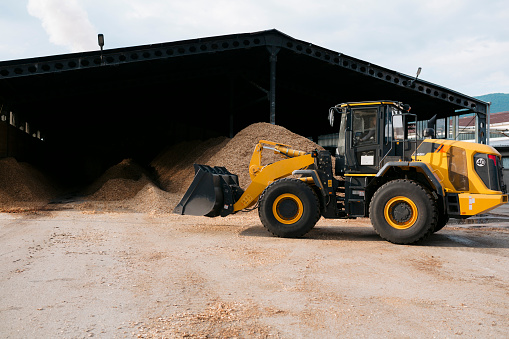 Wheeled loader moving sawdust in wood processing factory. Tractor building a large wood chip storage pile.