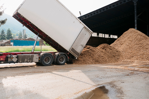 Concrete delivered to the construction site and discharged from the concrete mixing wagon truck