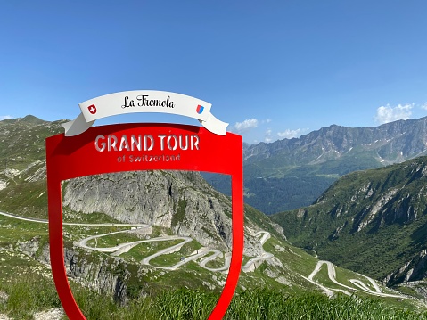 Alpe d'Huez, France - September 20, 2021: Ascent of the famous route to Alpe d'Huez and itinerary of the Tour de France with Le Bourg-d'Oisans at the bottom of the climb