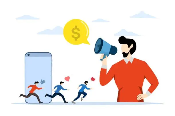 Vector illustration of Affiliate Marketing Referral Concept, Showing a screaming person with a megaphone, Suitable for landing page, UI, web, app intro card and more. Flat Vector illustration.