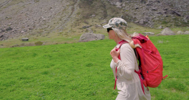 caminatas de mujeres mayores en el prado de montaña - travel destinations mountain hiking profile fotografías e imágenes de stock