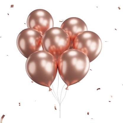 3d render of pink balloons with confetti flying.