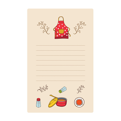 Recipe card. Cookbook template with kitchen utensils. Vector illustration