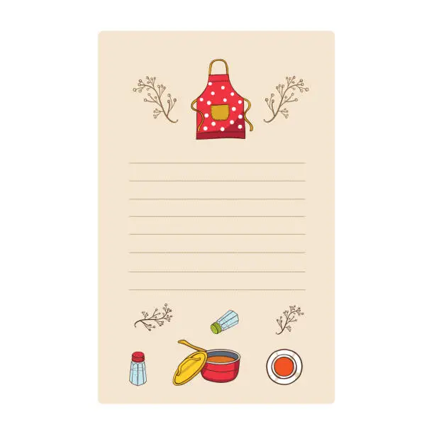 Vector illustration of Recipe card. Cookbook template with kitchen utensils. Vector illustration