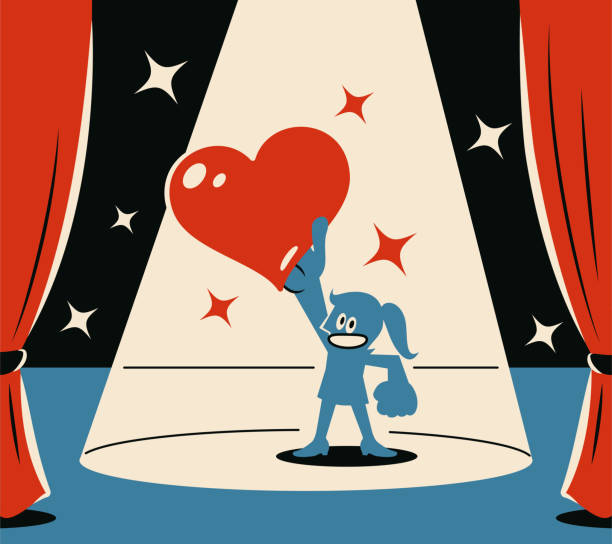 illustrations, cliparts, dessins animés et icônes de une femme bleue souriante montrant love sur scène avec un projecteur - valentines day love true love heart shape