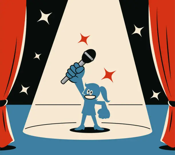 Vector illustration of A smiling blue woman holding a microphone on stage with a spotlight