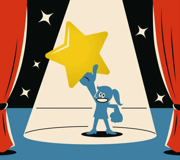 Vector illustration of A smiling blue woman holding the golden star aloft on stage with a spotlight