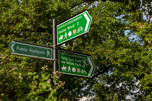 Pedestrian signs along the London Loop 17 in Enfield. Shot on 22 June 2023.