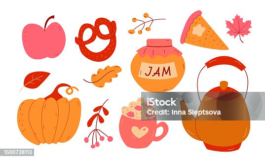 istock Autumn set, bundle of hand drawn clip arts of seasonal food and drinks, vector illustrations 1500728113