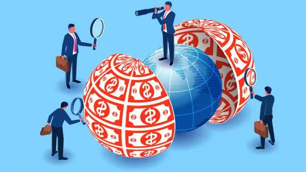 Vector illustration of Economic globalization, global economic forecasting and analysis, global business cooperation, investment and business opportunities, isometric group of businessmen with magnifying glasses and binoculars beside the banknote