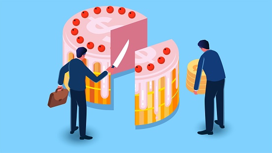 Sharing of profits, return on investment, shareholders, share holders or board of directors, payment distribution, isometric businessmen sharing the money cake