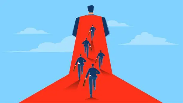 Vector illustration of Following business giants, business leaders or industry authorities, competitive advantage, employee motivation or management, small businessmen running to follow on the headland worn by giants