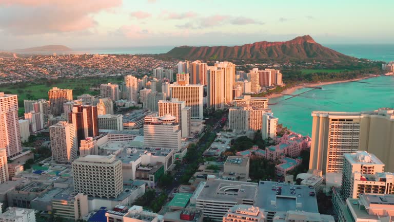 Aerial view of Honolulu skyline with Diamond Head Crater in the background. Oahu island, Hawaii. United States.