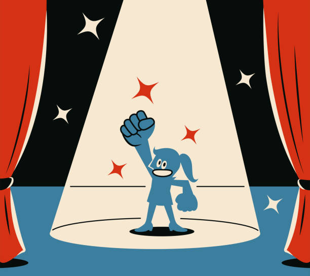 illustrations, cliparts, dessins animés et icônes de une femme bleue souriante frappait l’air en triomphe sur scène avec un projecteur - triumph