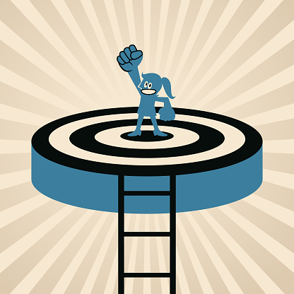 Blue Cartoon Characters Design Vector Art Illustration.
A woman climbs the ladder of success and achieves her goals, happily raising her fist in triumph and confidence.