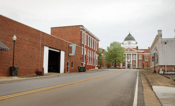 The townscape of Blakely, Georgia with the courthouse on a hill