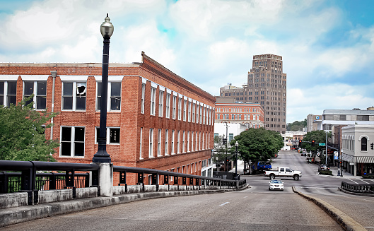 The cityscape of Meridian, Mississippi from the view of a bridge