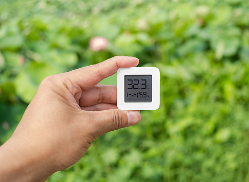 Hot Summer Outdoor,  Holding Thermometer Close-up