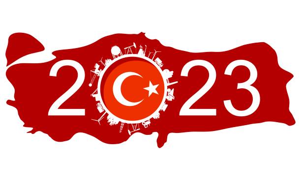 istock 2023 year number with industrial icons around zero digit. Map of Turkey 1500746394