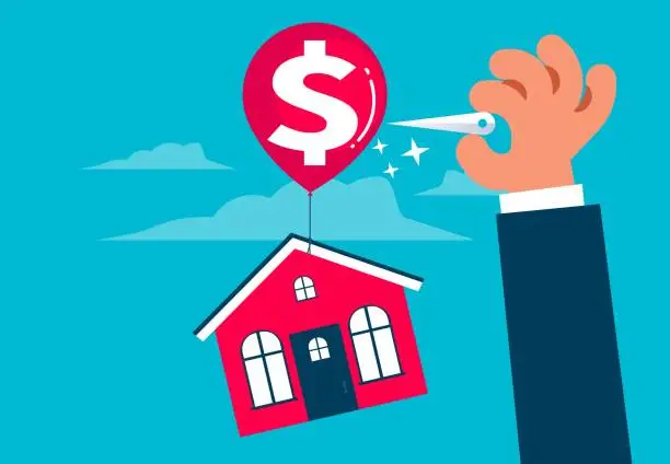 Vector illustration of Real estate bubble, excessive false housing prices, real estate investment crisis and risk, hand holding a needle to pierce the balloon that tied the house to fly into the air