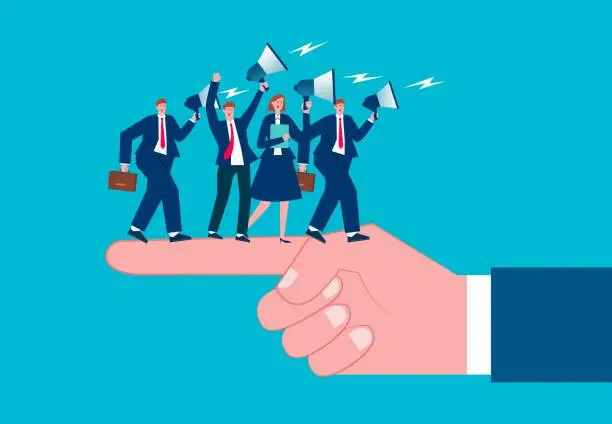 Vector illustration of Conflict or opposition, opposition, different ideas or opinions, political or decision-making differences, questions of direction, a group of businessmen standing with megaphones shouting and roaring in the direction of a giant