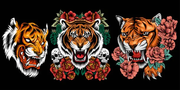 Vector illustration of Collection of tiger head illustration with roses around
