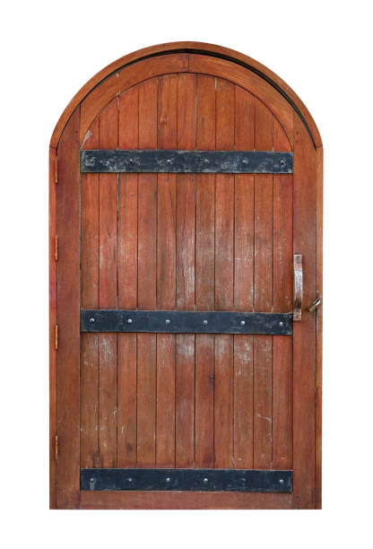 Small hobbit door in a stoned wall. Building exterior. Faded, light, sunny hipster colors.