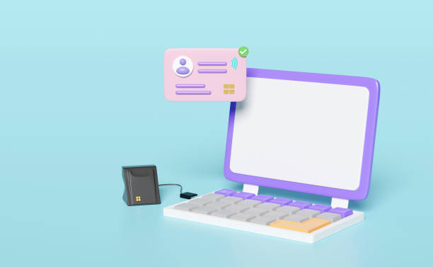 istock 3d purple laptop computer with  smart card reader, external USB card reader, Id card, WiFi icon isolated on blue background. 3d render illustration, clipping path 1500751178