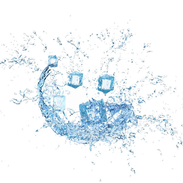 cubitos de hielo 3d con salpicaduras de agua transparente, agua azul clara dispersa alrededor aislada sobre fondo blanco. ilustración de renderizado 3d - water flowing water pouring ice fotografías e imágenes de stock