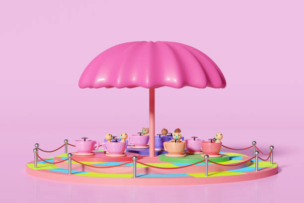 istock 3d amusement park concept with tea cup ride isolated on pink background. 3d render illustration 1500751475